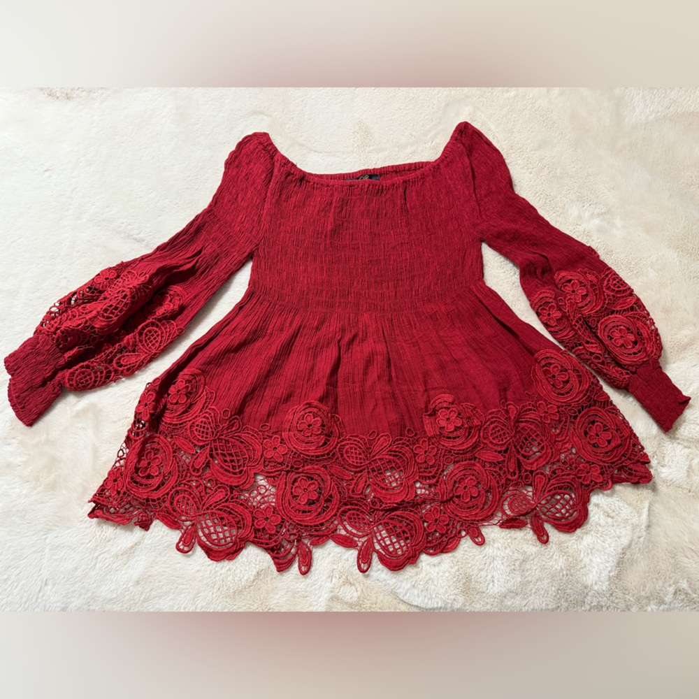 Petal & Raz Off-Shoulder Red Lace Blouse